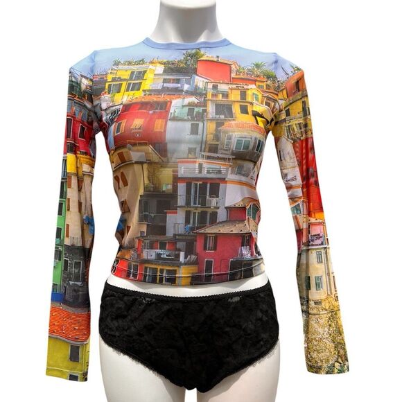 Alice + Olivia Delaina Mesh Top Long Sleeve Italian Building Design Size Small - Picture 1 of 10